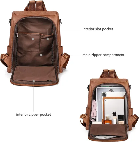 Vista 4 de Bromen - Mochila tipo bolso de mano de piel antirrobo para mujer a la moda, L