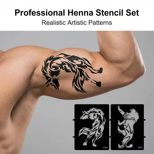 Vista 2 de 10 plantillas de tatuaje temporales de patrones grandes, 5 hojas tamaño A4, kit de plantillas de tatuaje tribal, plantillas profesionales de 3 capas