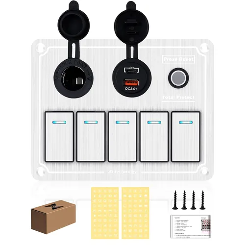 Vista 10 de Panel de interruptores basculantes para lanchas marinas, panel de interruptor de palanca impermeable de 8 bandas con doble USB y panel voltímetro