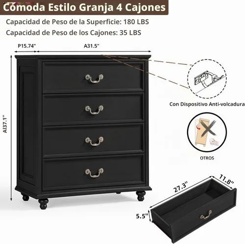 Vista 2 de Joaxswe Cómoda rústica de 4 cajones para dormitorio, cómoda rústica de 37 pulgadas de alto con 4 pies de madera maciza, organizador de armario