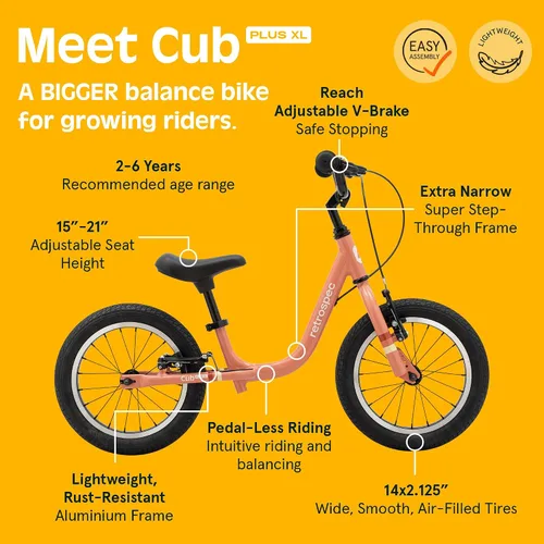 Vista 5 de Retrospec Cub Plus XL Kids Balance Bike - 14in Outdoor Toddler Bike with Adjustable Height 15-21in - Lightweight Aluminum Frame & Hand Brakes for