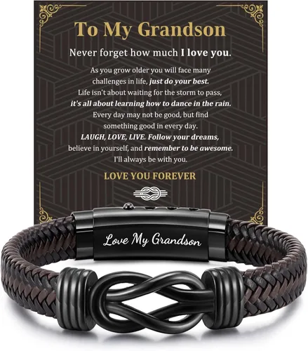Vista 10 de MEALGUET Men's Bracelets Gifts for Men - Brown Braided Leather Infinity Knot Bracelets Engraved Love Massage for Son Man Husband Boyfriend, Mens