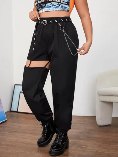 Vista 4 de WDIRARA Pantalones cónicos para mujer, talla grande, detalle de cadena, con ojales, con cinturón