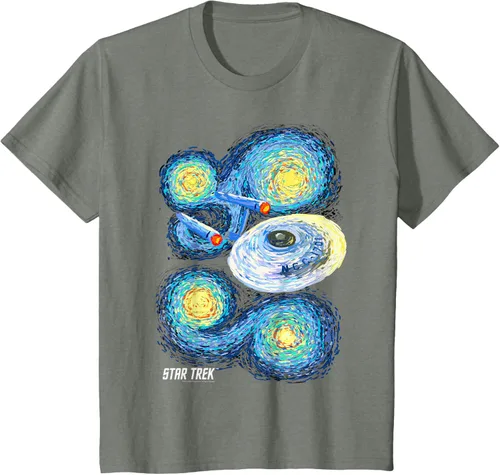 Vista 53 de Star Trek Camiseta de pintura de noche estrellada de la serie original, Negro, S