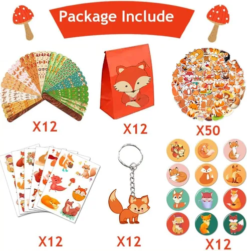 Vista 2 de 110 pulseras con temática de zorro, llaveros adhesivos, insignias, tatuajes temporales, bolsas de regalo para niños, criaturas del bosque, zorro