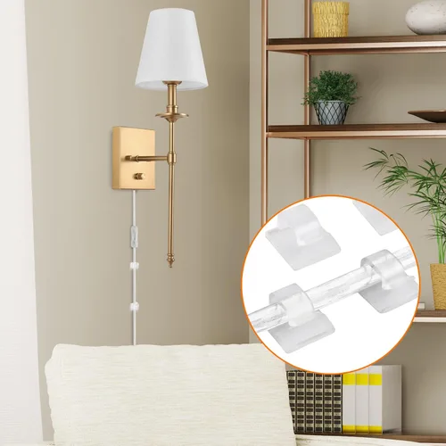 Vista 8 de Juego de dos apliques de pared regulables, apliques de pared enchufables con pantalla de tela blanca, lámpara de pared para dormitorio, sala