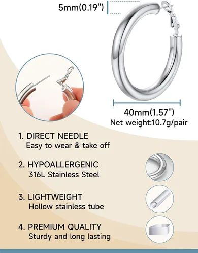 Vista 5 de Aretes de aro gruesos de acero inoxidable para mujer, minimalistas y elegantes, chapados en negrooro, aretes redondos hipoalergénicos, tamaño 1.181