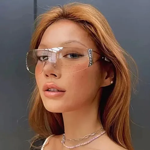 Vista 3 de SORVINO Lentes de sol Y2K sin montura para mujeres y hombres, diseño de escudo futurista de moda, de gran tamaño de los años 2000, con estrellas