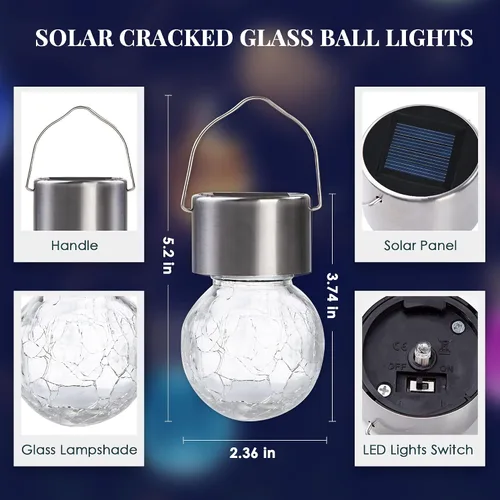 Vista 7 de Solpex Luces solares colgantes al aire libre, paquete de 8 luces decorativas de bola de vidrio agrietado, iluminación solar impermeable, luces