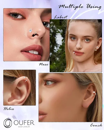 Vista 2 de OUFER Aretes de hélice torcida de 16G, anillo de labios de circonita cúbica transparente en forma de corazón de oro sólido de 14 quilates, joyería