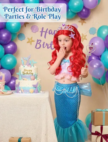 Vista 5 de G.C Disfraz de sirena para niñas de 2 a 7 años, fiesta de princesa, Halloween, cumpleaños, cosplay