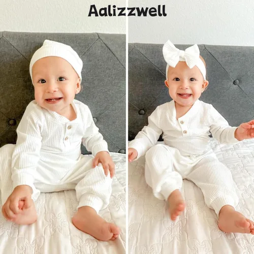 Vista 3 de Aalizzwell Traje acanalado de manga larga neutral para bebé con sombrero y diadema