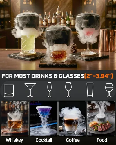 Vista 5 de Kit de ahumador eléctrico de whisky con niveles de humo ajustables y anillo de temporizador LED, kit de ahumador de cóctel recargable con 6 virutas