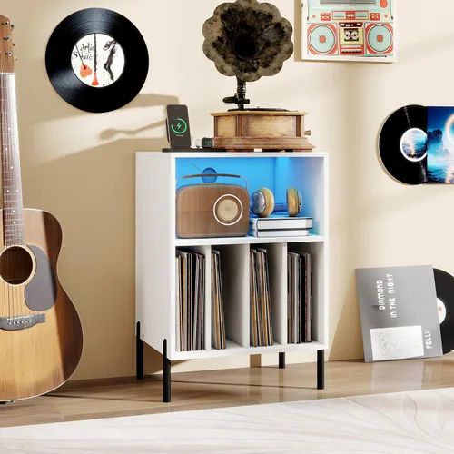 Vista 2 de LOKO Soporte para tocadiscos con luces LED, soporte para tocadiscos con estación de carga, soporte de almacenamiento de vinilo con patas de metal