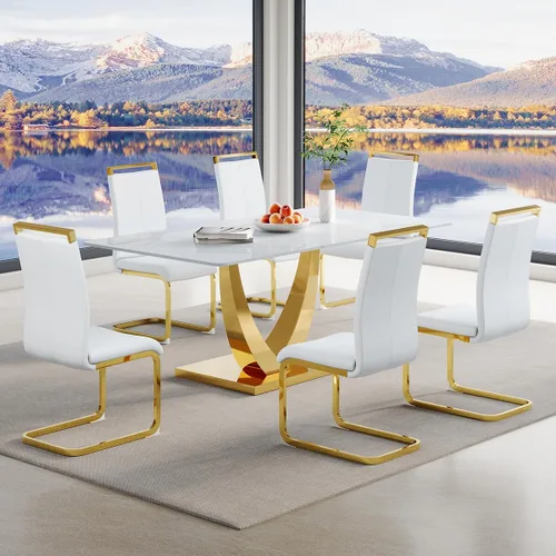 Vista 12 de Juego de mesa de comedor para 4, mesa de comedor de mármol sintético de 63 pulgadas con patas y base de acero inoxidable, sillas acolchadas