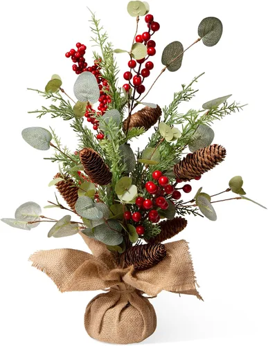 Vista 18 de Glitzhome Árbol de mesa de bayas rojas de Navidad de 16 pulgadas de alto con base de arpillera, centro de mesa decorativo de bayas para Navidad Día