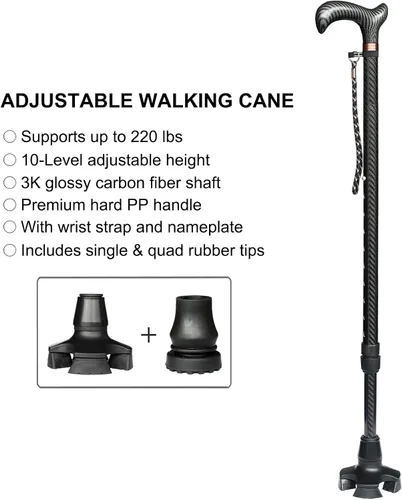 Vista 2 de Bastón de fibra de carbono ajustable, bastón ligero para hombres y mujeres, bastón premium para personas mayores con puntas de goma cuádruple
