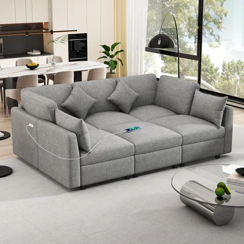 Vista 28 de JIVOIT Sofá modular modular de 93.7 pulgadas con otomana móvil, moderno en forma de U, sofá cama en forma de L con reposabrazos de almacenamiento
