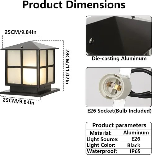 Vista 9 de Luces de pilar de 9.84 pulgadas para exteriores, luces de poste cuadrado Negro