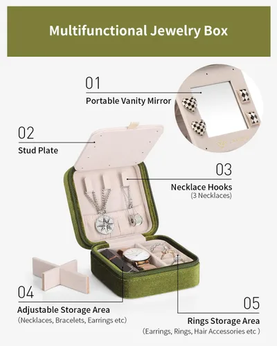 Vista 4 de Vlando Joyero de viaje y organizador, pequeñas cajas organizadoras de joyas para niñas, espejo de terciopelo para aretes, collares, anillos