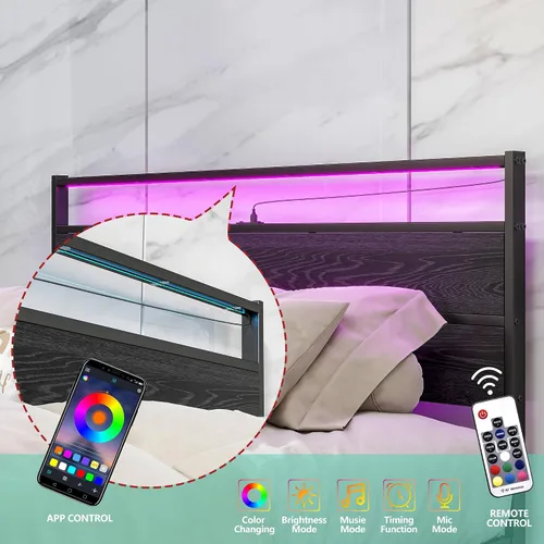 Vista 6 de Base de cama de tamaño matrimonial con cabecero de madera/luces LED, plataforma de metal, tamaño matrimonial con estación de carga, soporte