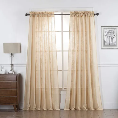 Vista 7 de 2 piezas de cortinas de aspecto de lino sólido y elegante, paneles totalmente cosidos, niveles de tratamiento de ventanas
