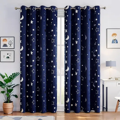 Vista 12 de WUBODTI Cortinas grises 100% opacas con diseño de estrellas para habitación de niños, 45 pulgadas de largo, juego de 2 paneles de cortinas