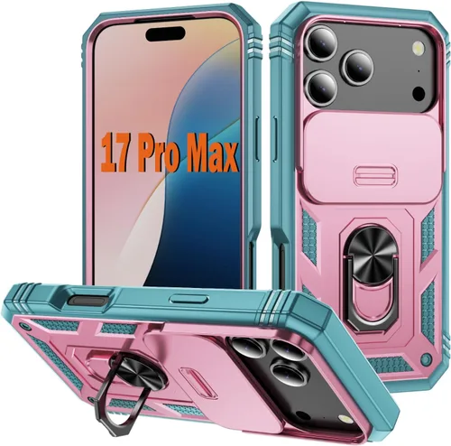 Vista 28 de PASNEW Funda militar para iPhone 13 Pro Max, cubierta de cámara deslizante y soporte de anillo de metal de 360°, carcasa rígida multicapa resistente