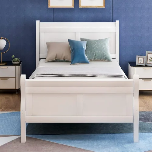 Vista 7 de Base de cama individual de madera con cabecera y tabla de pie, cama de plataforma de tamaño individual para adolescentes, niños y niñas. Cama
