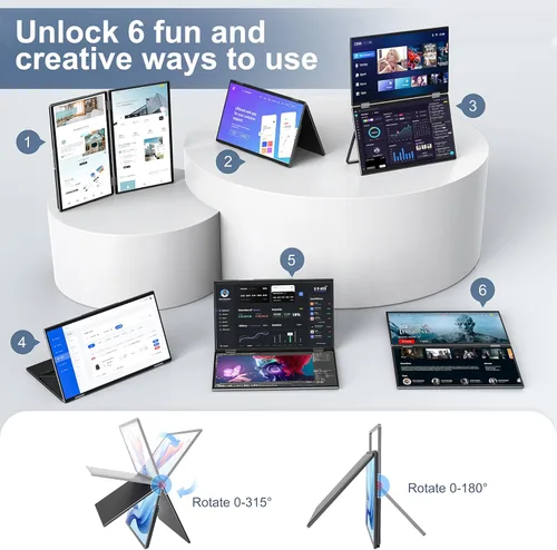 Vista 6 de InnoView Monitor portátil dual FHD de 15.6 pulgadas Diseño plegable y apilable todo en uno Ajuste de pantalla de 315° y soporte de 180°