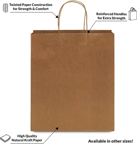 Vista 7 de Prime Line Packaging Bolsas de papel marrones, bolsas de compras medianas con asas para pequeñas empresas, alimentos para llevar, comestibles, venta