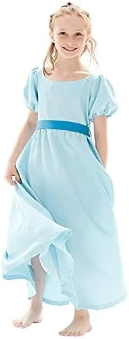Vista 2 de Vestido azul para niños, disfraz de cosplay para niñas, vestido de princesa, vestido de verano, falda azul, cinturón, lazo, traje de Halloween