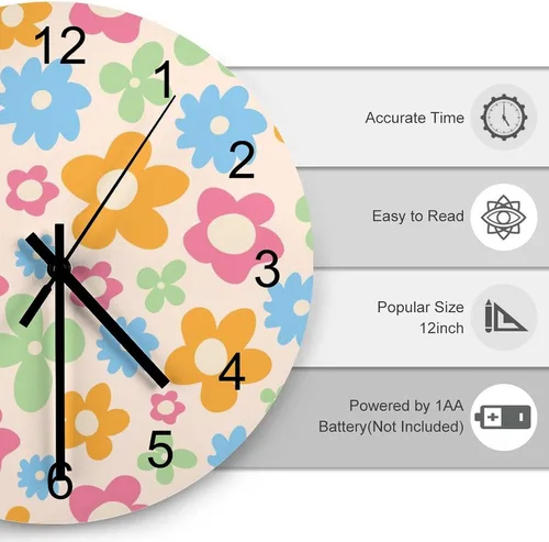 Vista 3 de Reloj de Pared de Flores Silencioso Sin Tictac Operado por Batería, Caricatura de los 70s Linda Flor Abstracta Pastel Margarita Reloj Floral