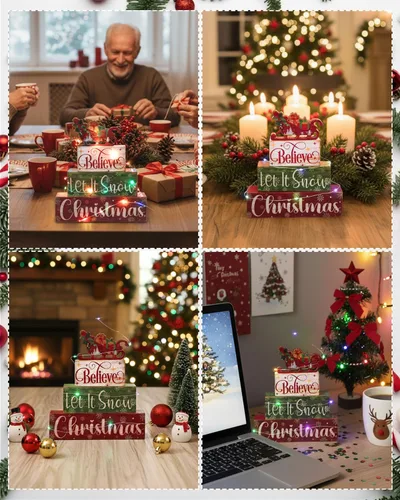 Vista 5 de 5 piezas de decoración de mesa de invierno de madera de cacao caliente con luces, centro de mesa, bandeja escalonada de invierno, decoración