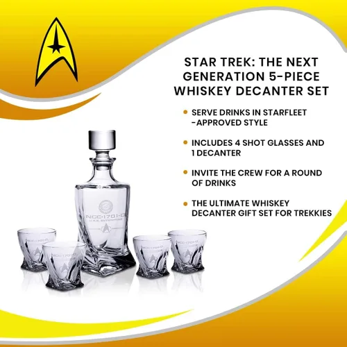 Vista 7 de Star Trek: The Next Generation - Juego de decantadores de whisky de 5 piezas, vasos de chupito para fiesta temática de USS Enterprise
