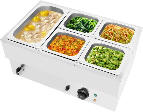 Vista 13 de Calentador de sopa de alimentos de 110 V, 4 sartenes, mesa de acero inoxidable de grado alimenticio, encimera comercial, cafetería de buffet