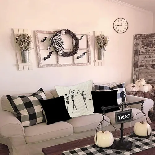 Vista 4 de JOOCAR Fundas de almohada de calavera de Halloween, diseño de esqueleto, divertida funda de cojín para sofá, decoración del hogar, 16 x 16 pulgadas