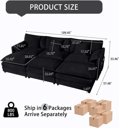 Vista 2 de Sofá modular de 110 pulgadas, sofá modular de felpilla en forma de U con otomana móvil, modernos sofás seccionales de nube de 6 asientos para sala