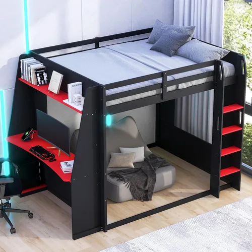 Vista 13 de Polibi Twin Wooden Gaming Bunk Bed with Desk, USB & LED Light