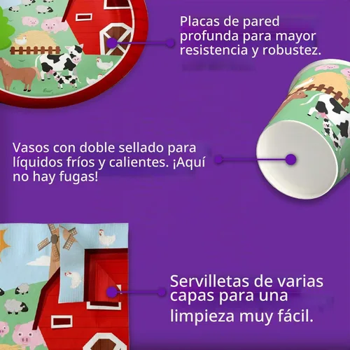 Vista 5 de Set de artículos para fiesta de cumpleaños de animales de granja y granero, platos, servilletas, vasos y utensilios para 16 invitados Animales
