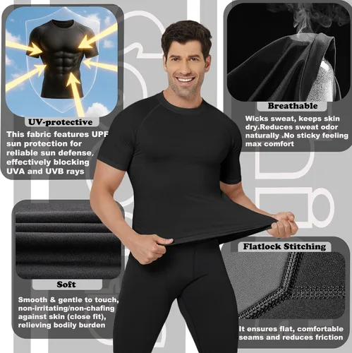 Vista 3 de TELALEO 6 Pack Men's Compression Shirt Short Sleeve Athletic Baselayer Sports T Shirts Workout Tops for Men Black White