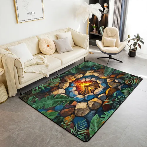 Vista 12 de Alfombra de fogata de 3 x 5 pies, decoración de tocones de árbol de bosque para niñas, mujeres, hombres y adolescentes, alfombra de madera marrón