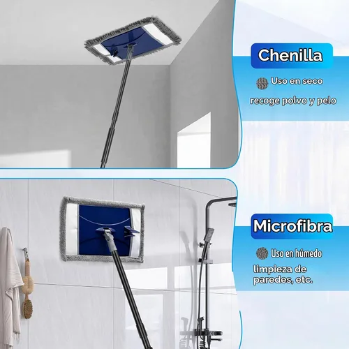 Vista 5 de Trapeador limpiador de pared con mango largo, trapeador de polvo de pared adicional para lavar paredes con 2 almohadillas reutilizables