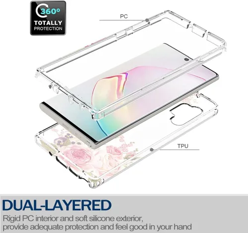 Vista 3 de Funda para Galaxy Note 10 Plu/Note 10+ 5G SM-N975U con protector de pantalla de vidrio templado, carcasa rígida de diseño floral de cuerpo completo