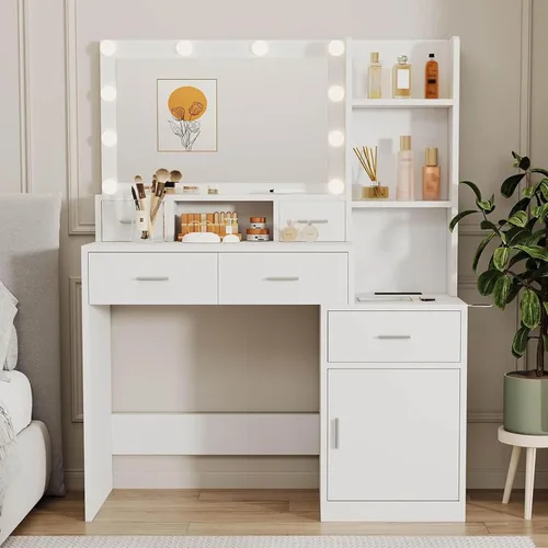 Vista 6 de Escritorio de tocador con luces, juego de mesa de tocador de maquillaje con 5 cajones, tocador de maquillaje blanco con espejo iluminado, 3 modos