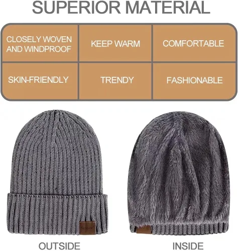 Vista 3 de Nertpow Beanie Hat for Men and Women, Winter Warm Fleece Lined Thermal Trendy Thick Knit Skull Cable Cuff Cap