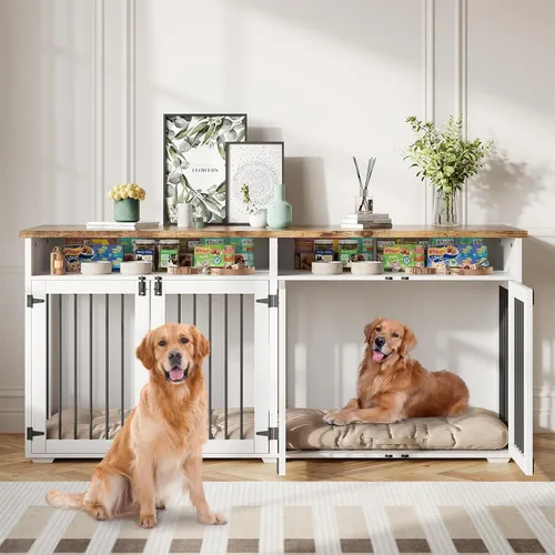 Vista 6 de Jaula para perros de 72 pulgadas para 2 perros, jaula de madera para perros con compartimento de almacenamiento, perrera de interior con 4 puertas