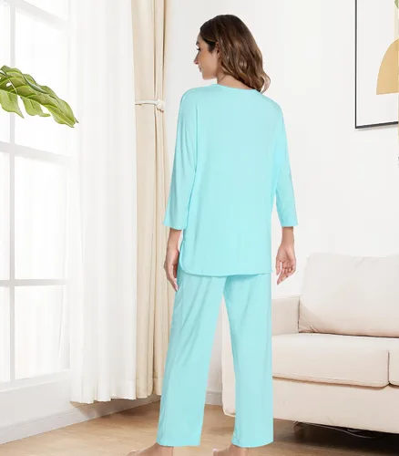 Vista 2 de NACHILA Women's Pajamas Set-Viscose Made from Bamboo, Long Sleeve Sleepwear Top with Pants Comfy Pajama Soft 2 Piece Pjs B-aqua Green