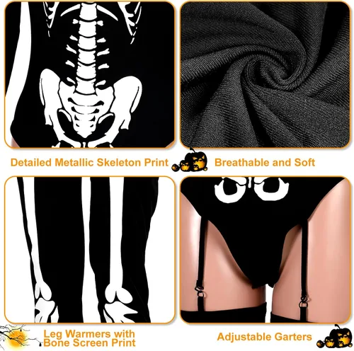 Vista 4 de Jeyiour Disfraz de esqueleto de Halloween que brilla en la oscuridad, para mujer adulta