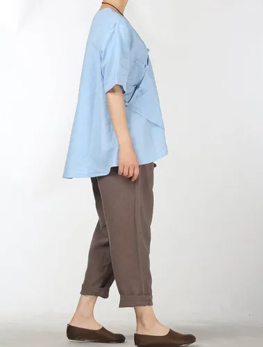 Vista 4 de Minibee Blusa de lino retro con botones de rana china para mujer